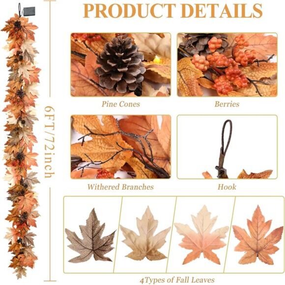 6 FT Fall Garland with Lights Timer Function Fall Leaves Garland with Berries - Picture 3 of 7